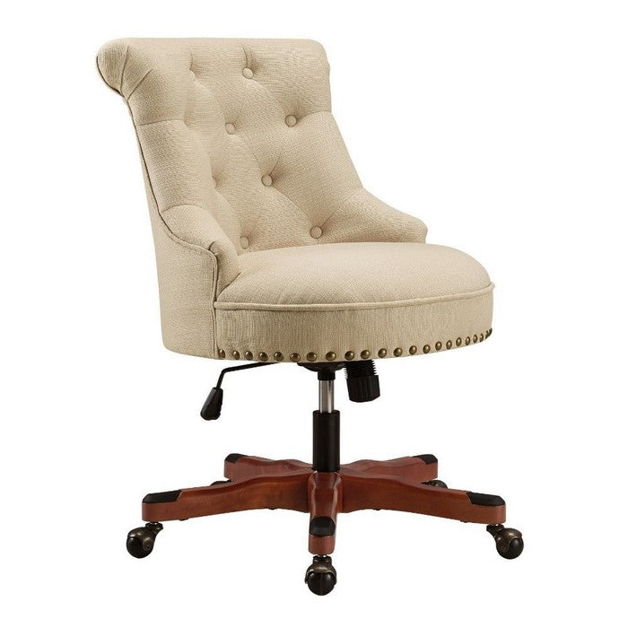 Nailhead Trim Fabric Upholstered Office Chair with Adjustable Height, Beige