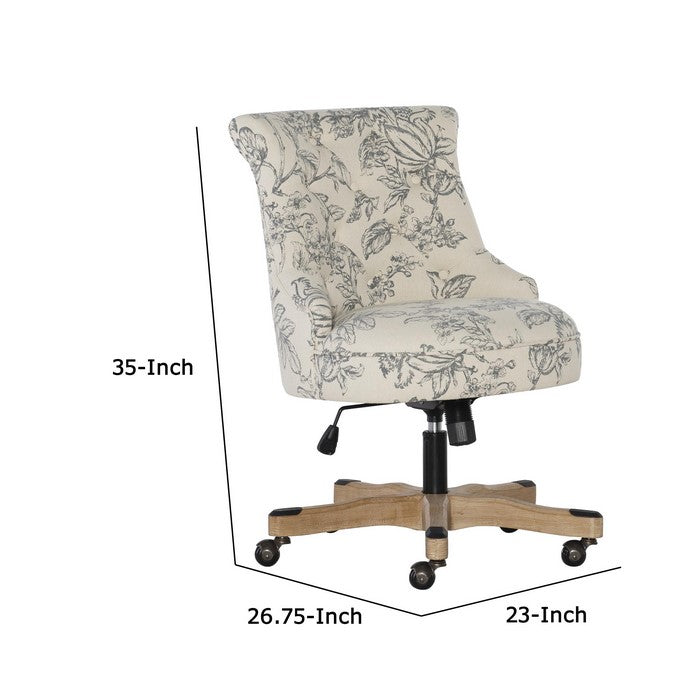 Floral Fabric Upholstered Office Chair with Adjustable Height, White and Gray