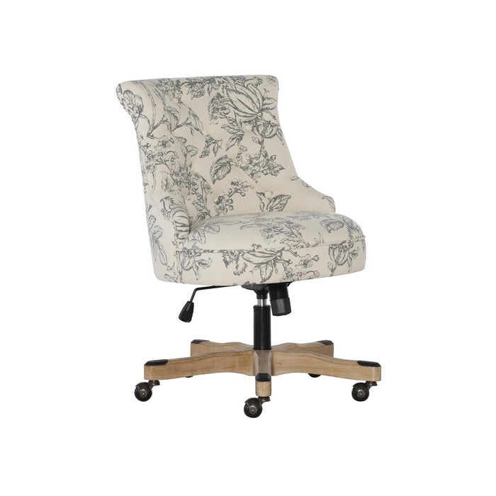 Floral Fabric Upholstered Office Chair with Adjustable Height, White and Gray