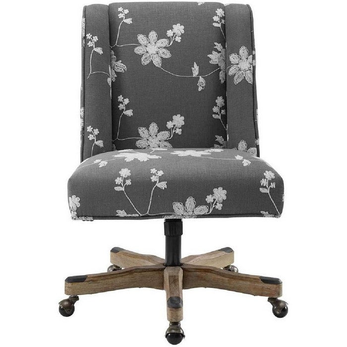 Floral Embroidered Fabric Upholstered Office Chair, Gray and White