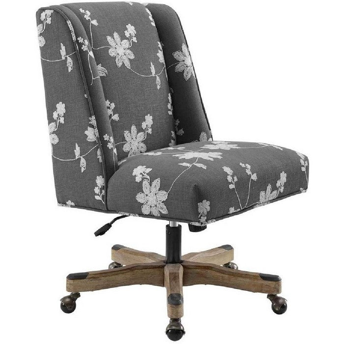 Floral Embroidered Fabric Upholstered Office Chair, Gray and White