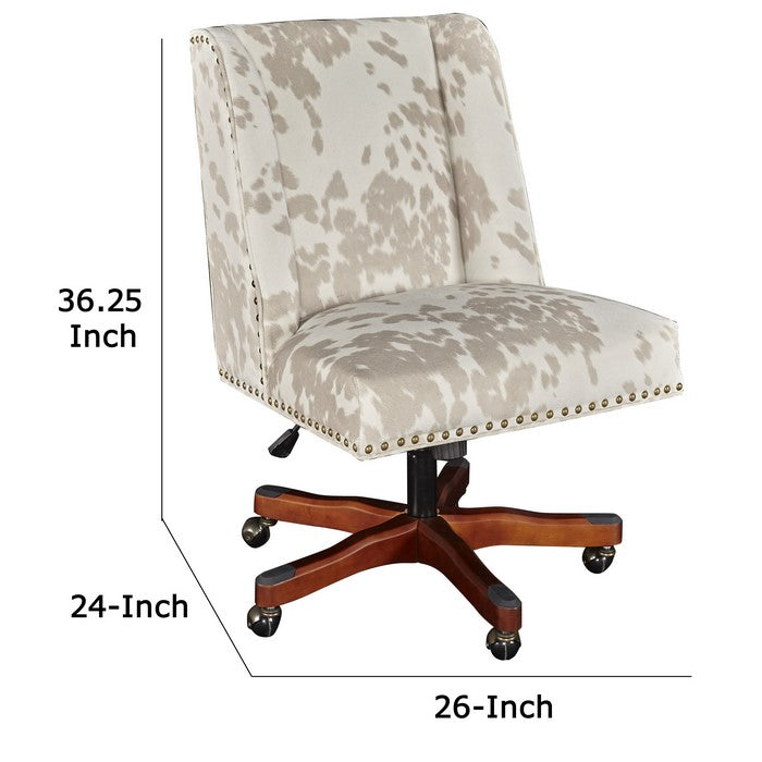 Cow Print Fabric Upholstered Swivel Office Chair, White and Brown