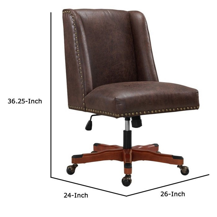 Nailhead Trim Leatherette Swivel Office Chair with Casters, Brown
