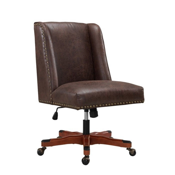 Nailhead Trim Leatherette Swivel Office Chair with Casters, Brown