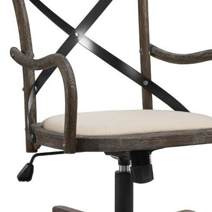 Fabric Padded Wooden Frame Swivel Office Chair with Casters,Beige and Brown