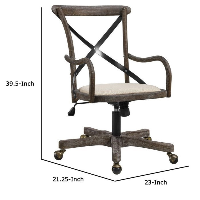 Fabric Padded Wooden Frame Swivel Office Chair with Casters,Beige and Brown