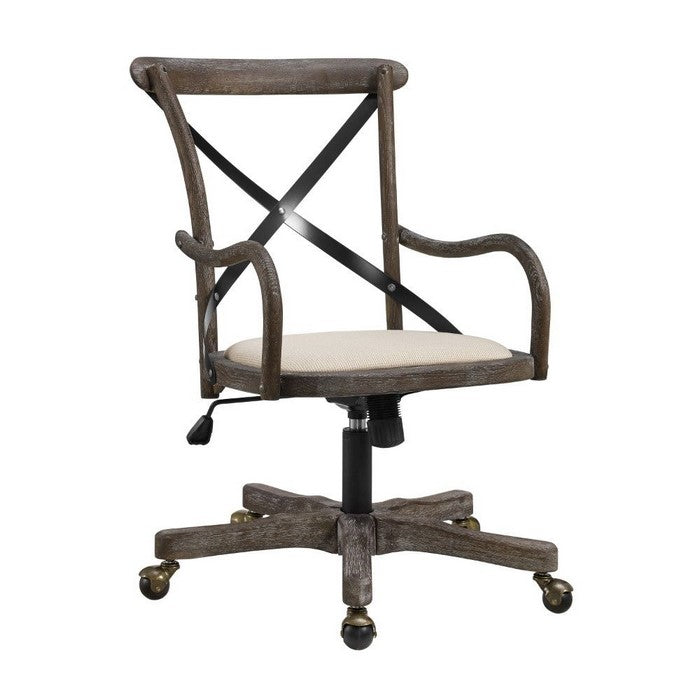 Fabric Padded Wooden Frame Swivel Office Chair with Casters,Beige and Brown