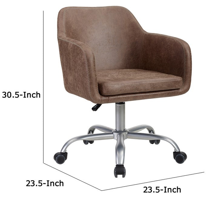 Leatherette Metal Frame Swivel Office Chair with Sloped Armrests, Brown