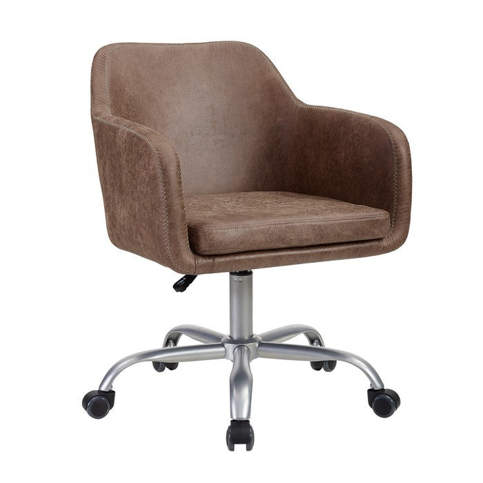 Leatherette Metal Frame Swivel Office Chair with Sloped Armrests, Brown