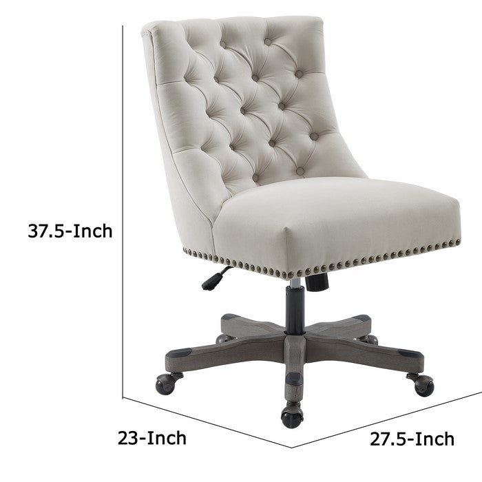 Button Tufted Fabric Upholstered Swivel Office Chair with Casters, White