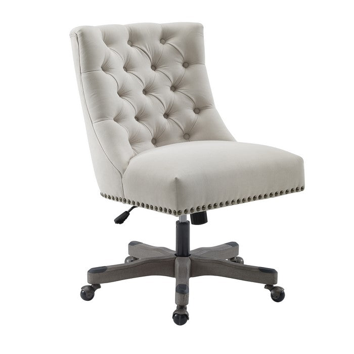 Button Tufted Fabric Upholstered Swivel Office Chair with Casters, White