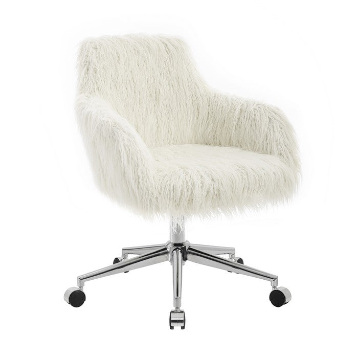 Faux Fur Upholstered Metal Frame Office Swivel Chair with Casters, White
