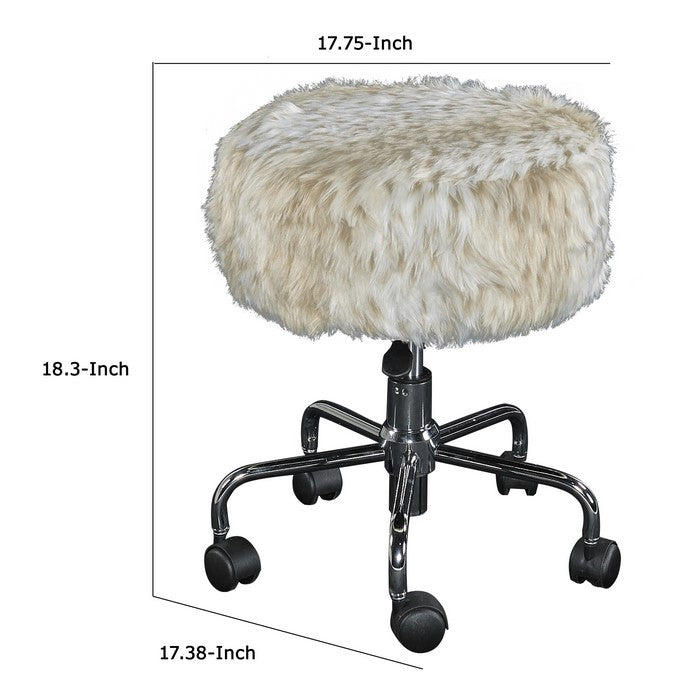 Round Faux Fur Upholstered Swivel Metal Frame Stool with Casters, Cream