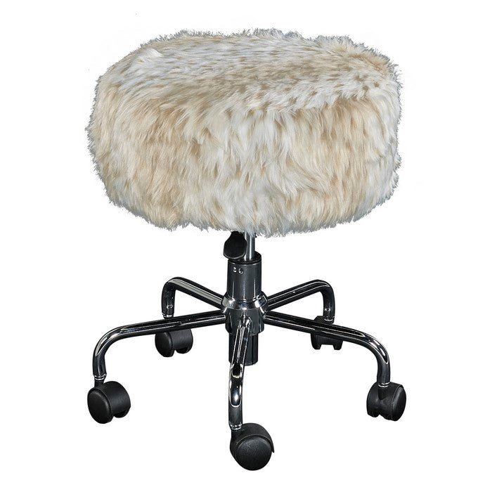 Round Faux Fur Upholstered Swivel Metal Frame Stool with Casters, Cream