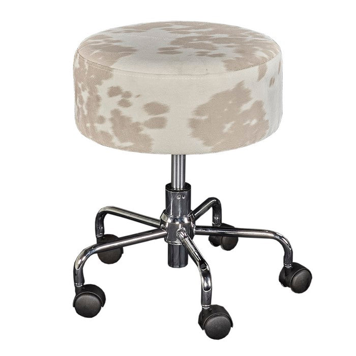 Round Cow Print Fabric Upholstered Swivel Stool, White and Brown