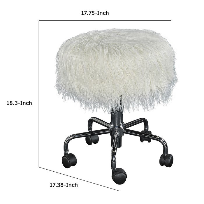 Faux Fur Upholstered Metal Frame Swivel Stool, White and Chrome