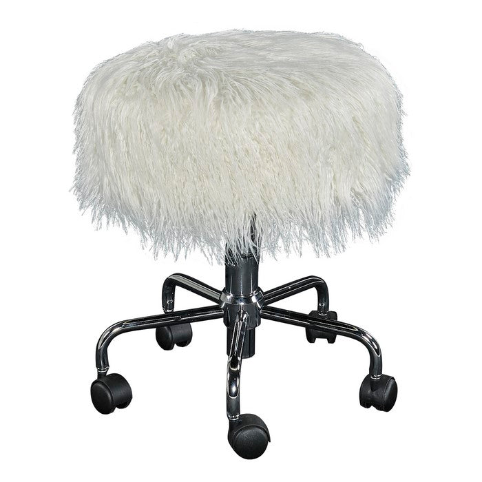 Faux Fur Upholstered Metal Frame Swivel Stool, White and Chrome