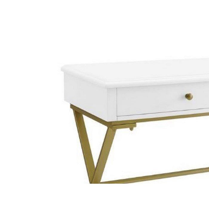 2 Drawers Wooden Desk with X Shaped Legs and Trestle Base, White and Brass