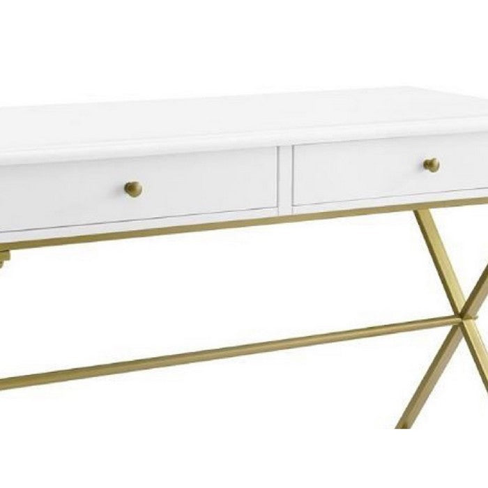 2 Drawers Wooden Desk with X Shaped Legs and Trestle Base, White and Brass
