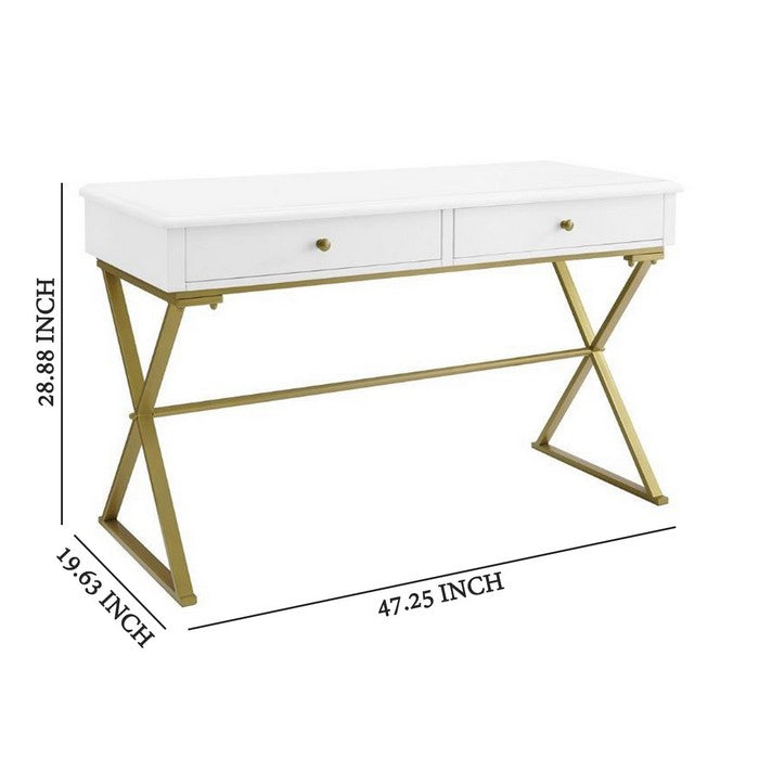 2 Drawers Wooden Desk with X Shaped Legs and Trestle Base, White and Brass