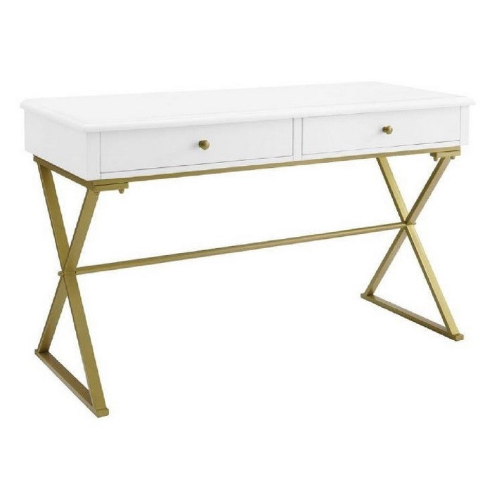 2 Drawers Wooden Desk with X Shaped Legs and Trestle Base, White and Brass