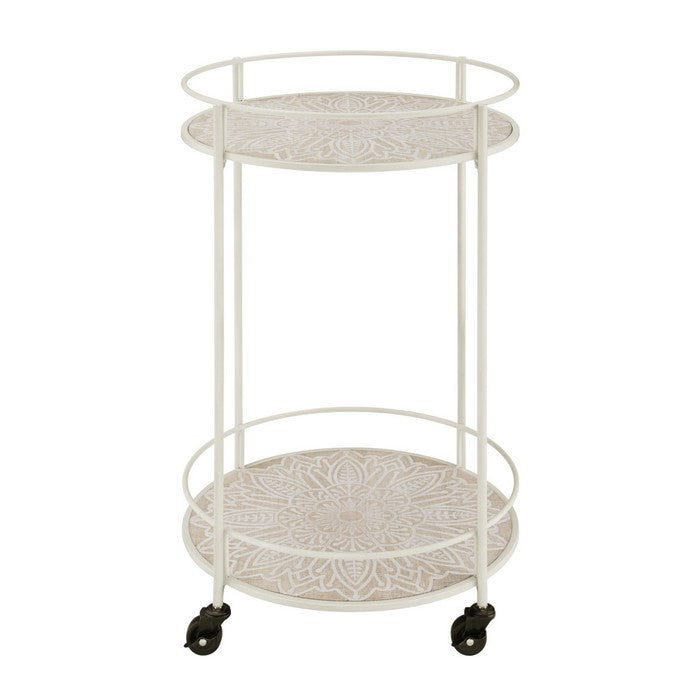 2 Tier Round Metal Frame Bar Cart with Medallion Engraving, White and Beige