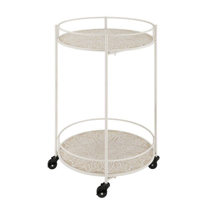 2 Tier Round Metal Frame Bar Cart with Medallion Engraving, White and Beige