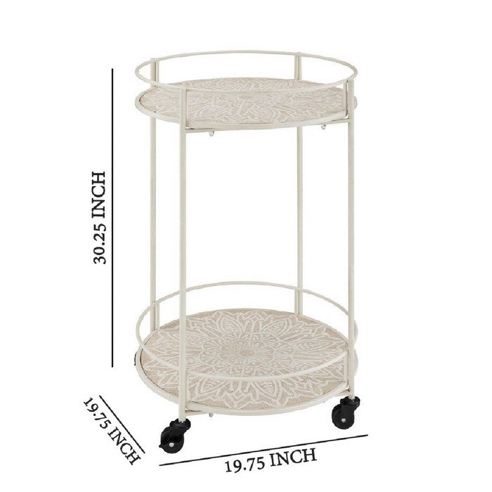 2 Tier Round Metal Frame Bar Cart with Medallion Engraving, White and Beige