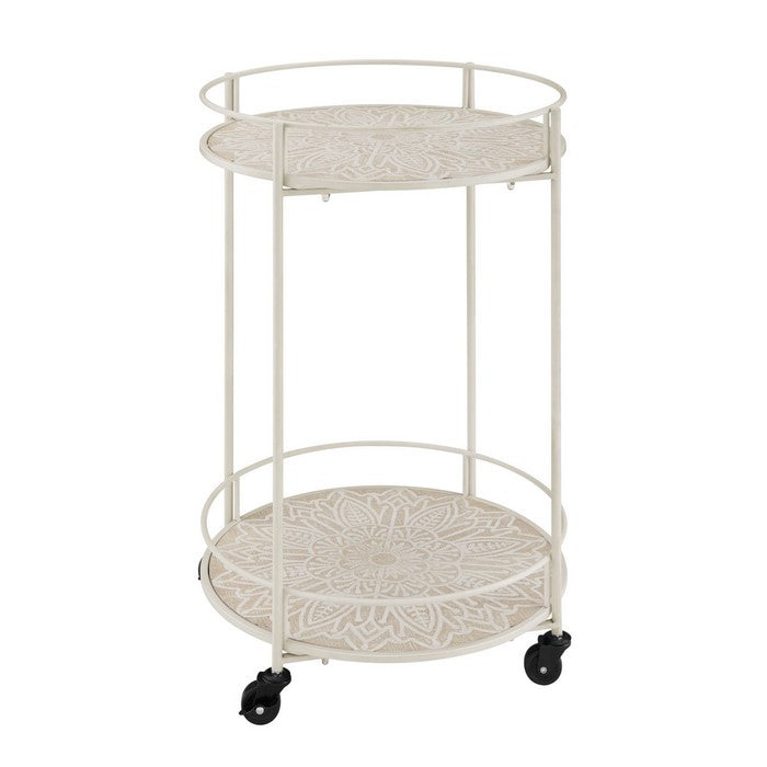 2 Tier Round Metal Frame Bar Cart with Medallion Engraving, White and Beige