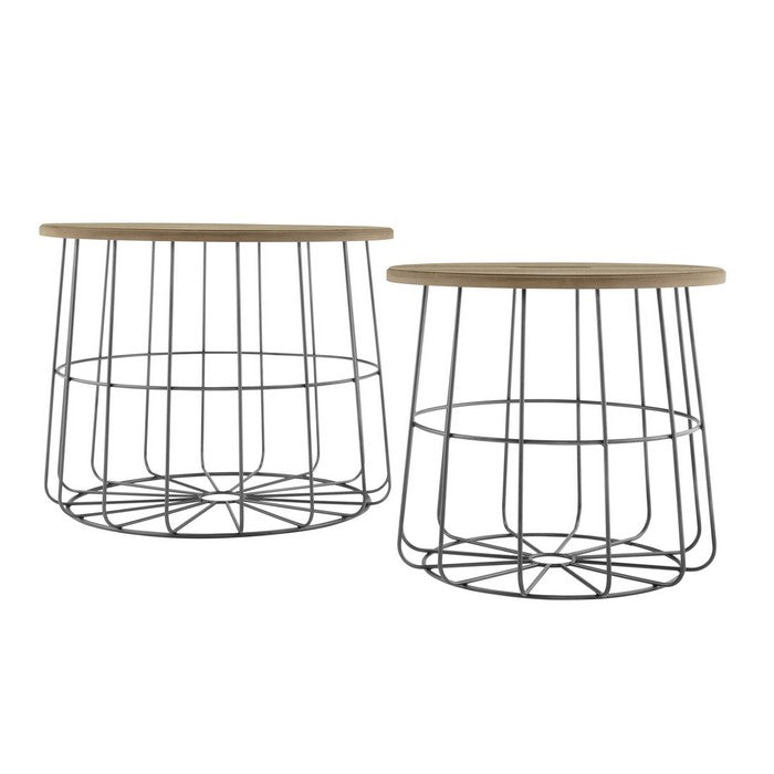 Round Wooden Top Open Metal Nesting Basket Table, Set of 2, Brown and Gray
