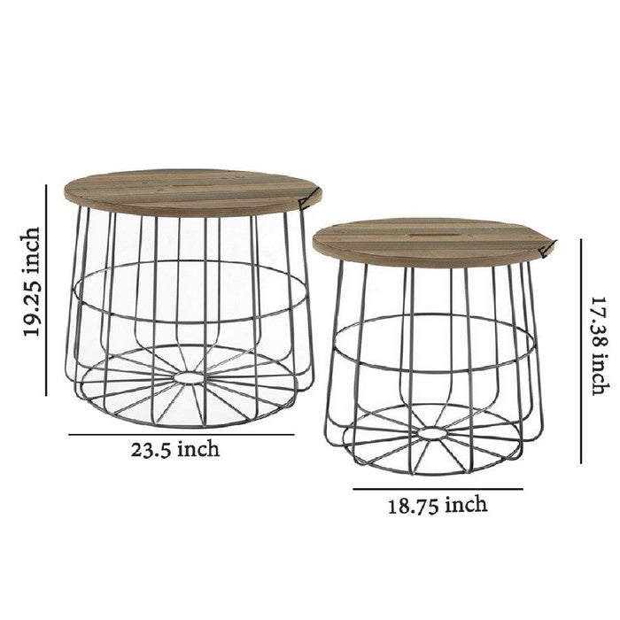 Round Wooden Top Open Metal Nesting Basket Table, Set of 2, Brown and Gray