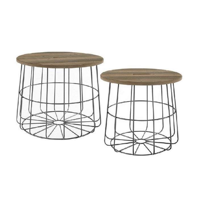 Round Wooden Top Open Metal Nesting Basket Table, Set of 2, Brown and Gray