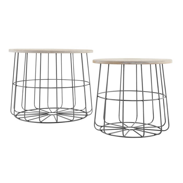 Medallion Engraved Wooden Top Basket Table, Set of 2, Beige and Gray