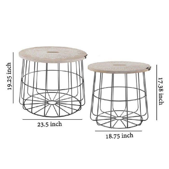 Medallion Engraved Wooden Top Basket Table, Set of 2, Beige and Gray