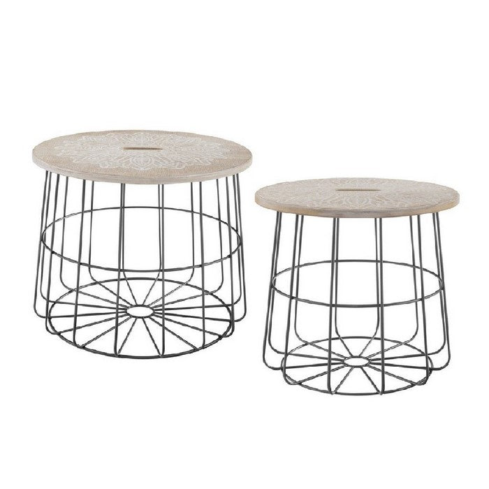 Medallion Engraved Wooden Top Basket Table, Set of 2, Beige and Gray