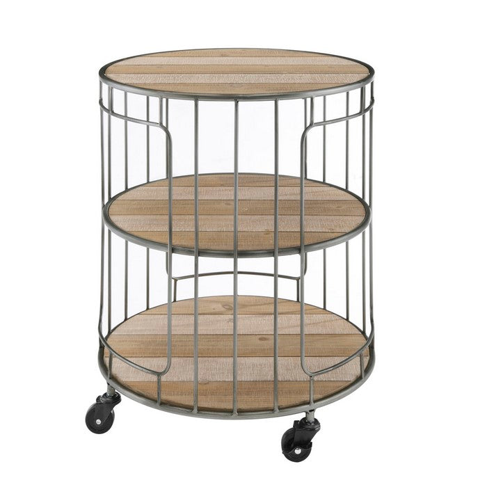 3 Tier Wood and Metal Frame Rolling Cart with Casters, Brown and Silver
