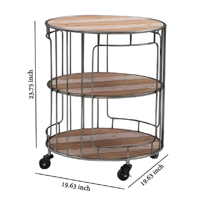 3 Tier Wood and Metal Frame Rolling Cart with Casters, Brown and Silver