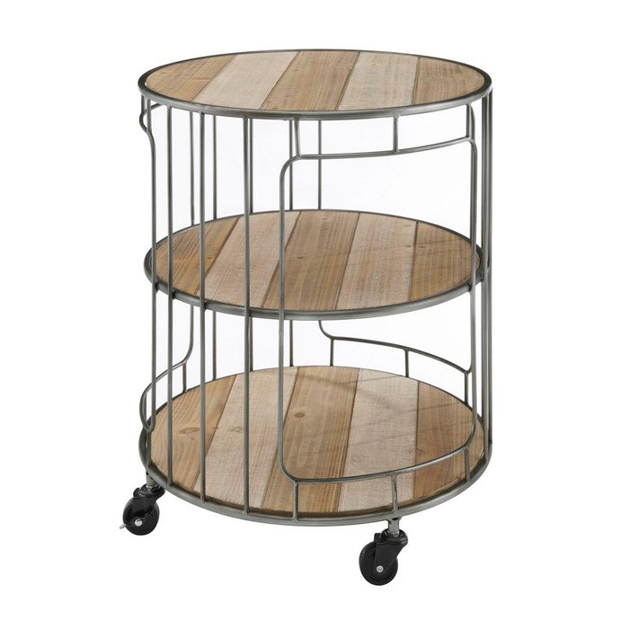 3 Tier Wood and Metal Frame Rolling Cart with Casters, Brown and Silver