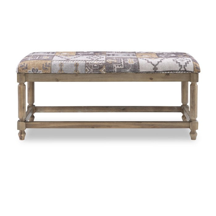 Fabric Upholstered Wooden Bench with Bohemian Print, Gray and Brown