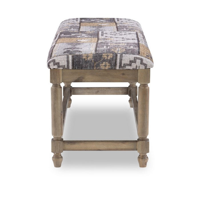 Fabric Upholstered Wooden Bench with Bohemian Print, Gray and Brown