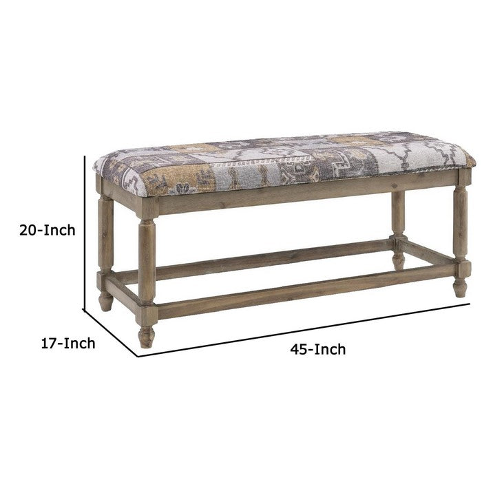 Fabric Upholstered Wooden Bench with Bohemian Print, Gray and Brown