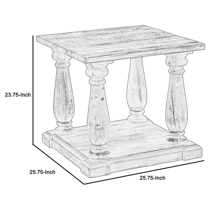 Reclaimed Wood Frame Side with Pillar Leg Base and Open Shelf, Light Gray