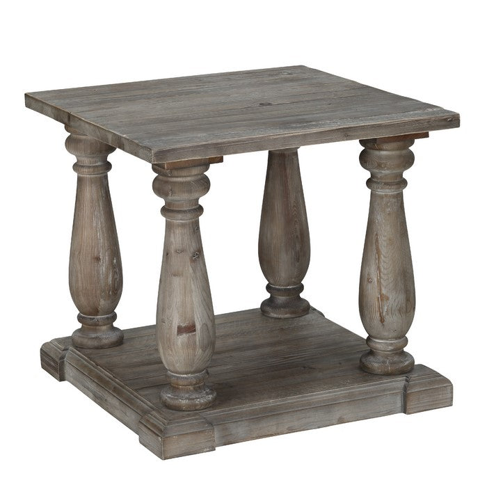 Reclaimed Wood Frame Side with Pillar Leg Base and Open Shelf, Light Gray