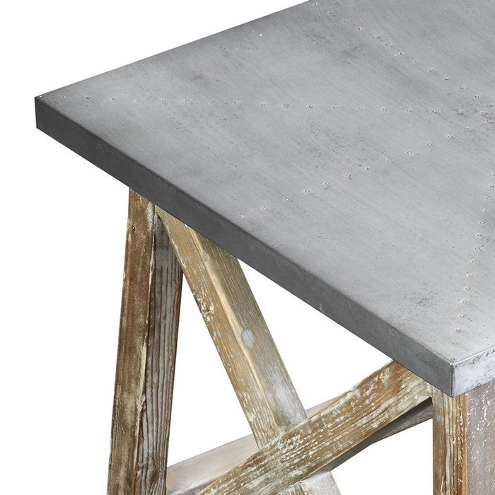 Zinc Top Wooden Side Table with Cross Beam Frame, Gray and Washed White