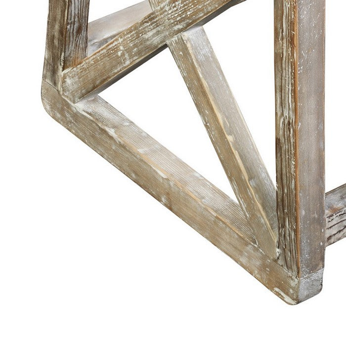 Zinc Top Wooden Side Table with Cross Beam Frame, Gray and Washed White