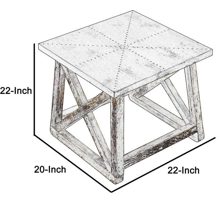 Zinc Top Wooden Side Table with Cross Beam Frame, Gray and Washed White