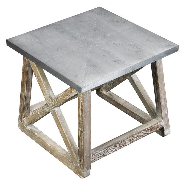 Zinc Top Wooden Side Table with Cross Beam Frame, Gray and Washed White