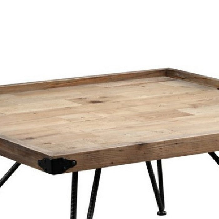 Rectangular Tray Top Wooden Coffee Table with Hairpin Legs, Brown and Black
