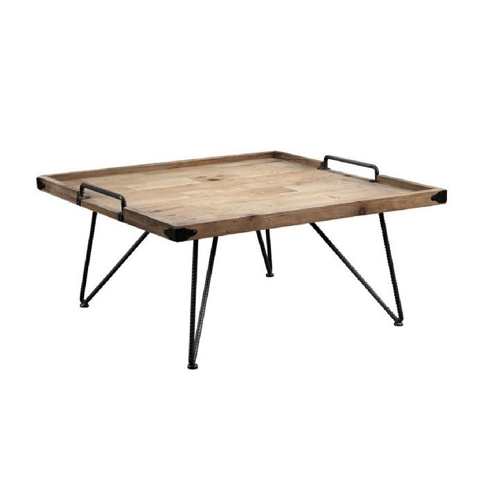 Rectangular Tray Top Wooden Coffee Table with Hairpin Legs, Brown and Black
