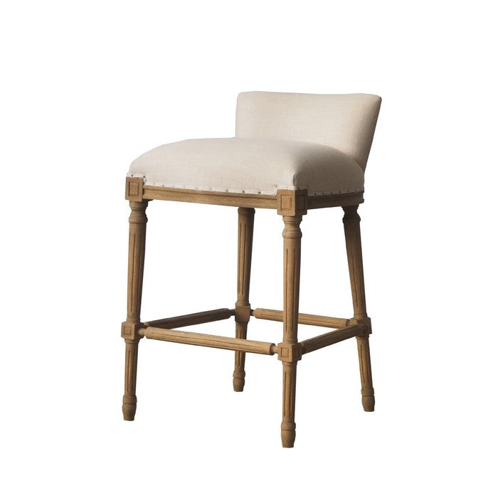 Nailhead Trim Fabric Upholstered Bar Stool with Fluted Legs, Beige and Brown